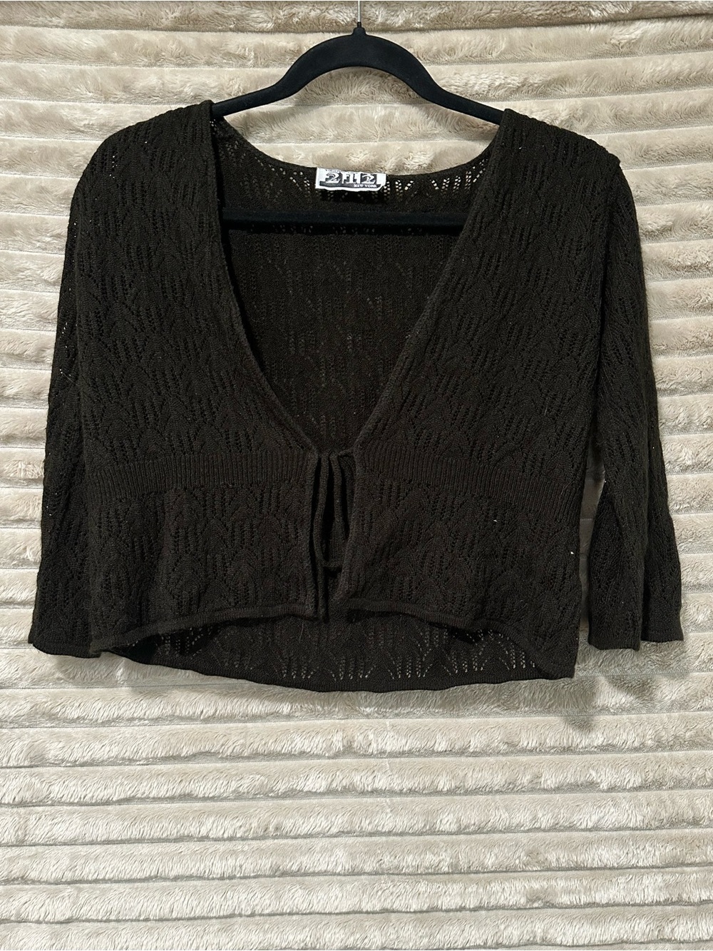 Y2K 212 New York Black/brown Crochet Tie-Front Cropped Cardigan